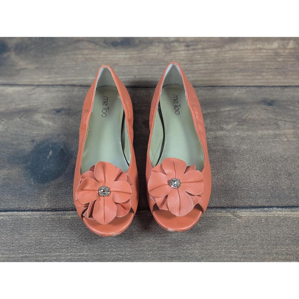 ME TOO Orange Patent LEATHER Women Size 8M‎ Open Toe Bow Ballet Flats Shoes